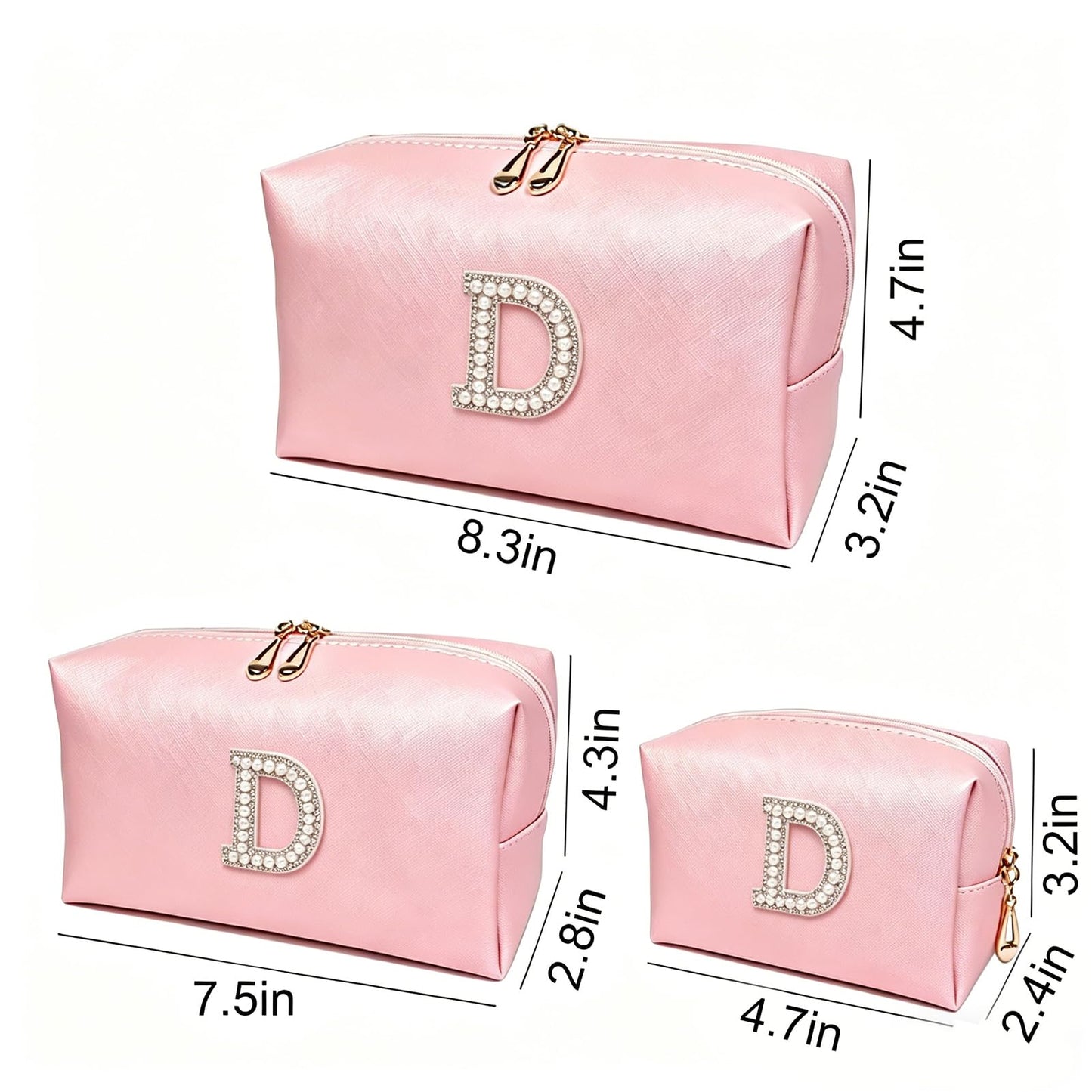 VENCELIN Initial G Pearl Makeup Bag 3Piece, PU Leather Travel Toiletry Pouch, Large Medium Small Portable Organizer for Business Trip Teen Girls