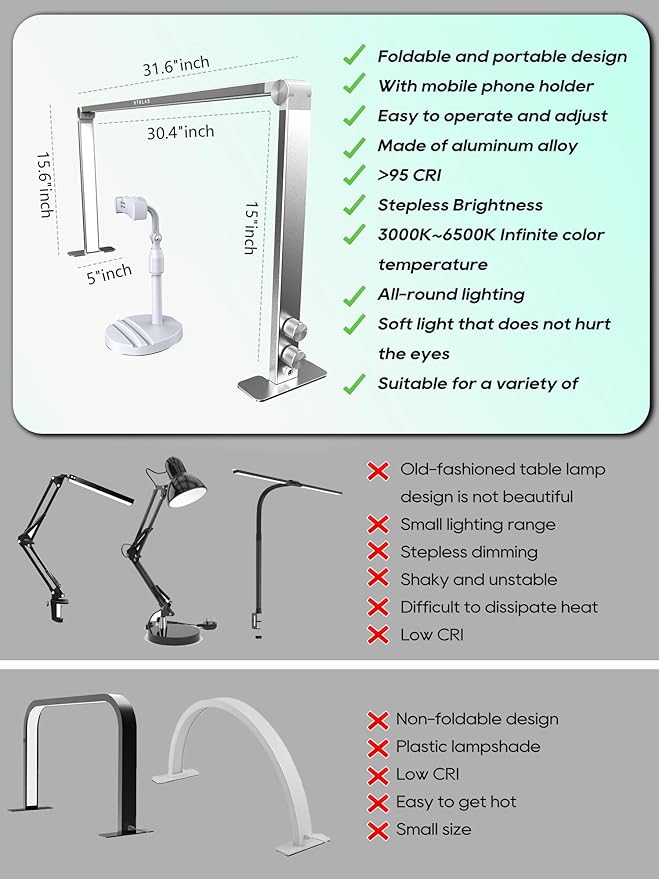 Upgraded Nail Tech Lamp for Desk, 32 in Foldable Large Nail Light with Phone Holder, 3000K-6000K CRI＞95 LED Manicure Lamp, Half Moon Light for Lash Eyelash Extension, Tattoo, Eyebrows-Diamond White