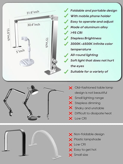 Upgraded Nail Tech Lamp for Desk, 32 in Foldable Large Nail Light with Phone Holder, 3000K-6000K CRI＞95 LED Manicure Lamp, Half Moon Light for Lash Eyelash Extension, Tattoo, Eyebrows-Diamond Pink