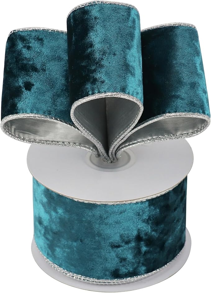 MEEDEE Crushed Teal Velvet Ribbon with Silver Back Double Sided 2.5 inch 10 Yards Blue and Gray Wired Ribbon for Christmas Tree, Wreath Supplies, Crafts Bow, Garlands, Seasonal Decorations