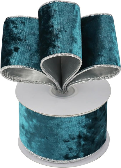 MEEDEE Crushed Teal Velvet Ribbon with Silver Back Double Sided 2.5 inch 10 Yards Blue and Gray Wired Ribbon for Christmas Tree, Wreath Supplies, Crafts Bow, Garlands, Seasonal Decorations
