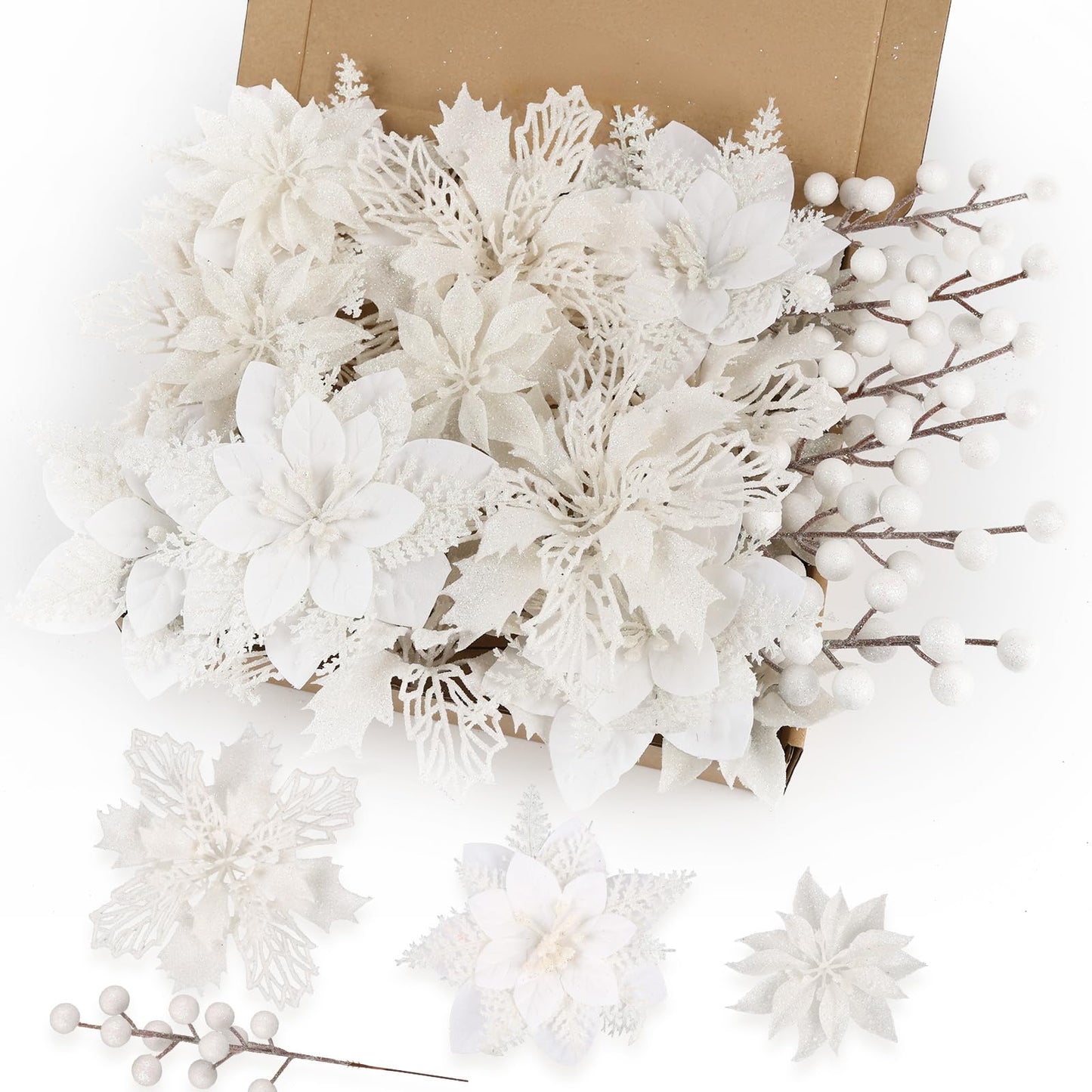 N&T NIETING 24 Pcs Christmas Poinsettia Artificial Flowers & Glitter Berries Stems Kit Christmas Floral Picks Christmas Tree Garland Wreath Filler Ornaments for Home Party Xmas Decor, White