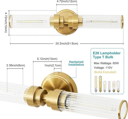Bathroom Light Fixtures, Gold Wall Sconce in Threaded Glass Indoor Vanity Lights, Modern Bathroom Vanity Light Up and Down Sconces Wall Lighting for Bathroom, Living Room - Bulb Not Included