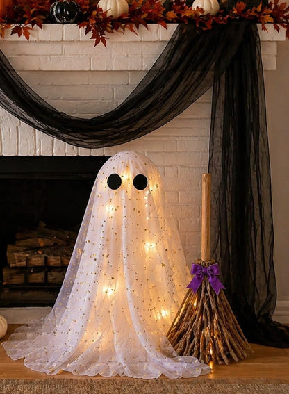 Halloween Decorations Ghost and Witch Broom Set, Lighted Halloween Fall Decor for Mantel, Shelf, Fireplace, Entryway, Tabletop Display, Cute Spooky Indoor Home Decor