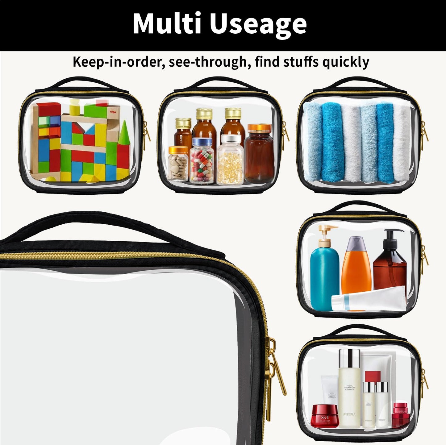 FAYORORY TSA Approved Travel Toiletry Bag,2 Pack Clear Makeup Bags with Handles,Quart Size Clear Cosmetic Bags for Traveling Women,Men,Carry on Airport Airline Compliant Bag,Black