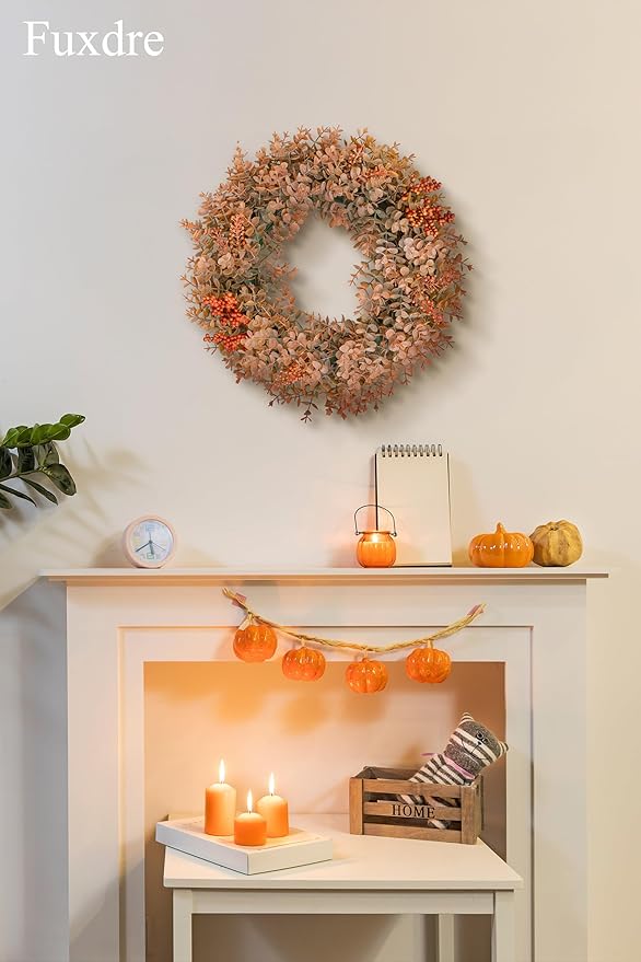 Eucalyptus Fall Wreaths for Front Door 15", Handmade Fall Leaves Wreath for Autumn, Floral Farmhouse Wreath for Wall and Outside Indoors