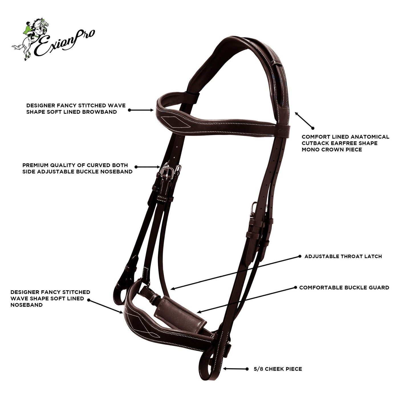 Exion Dressage Bridle with Anatomic Mono Crownpiece, Crank Noseband, Browband and Hand Stopper Reins for Horses
