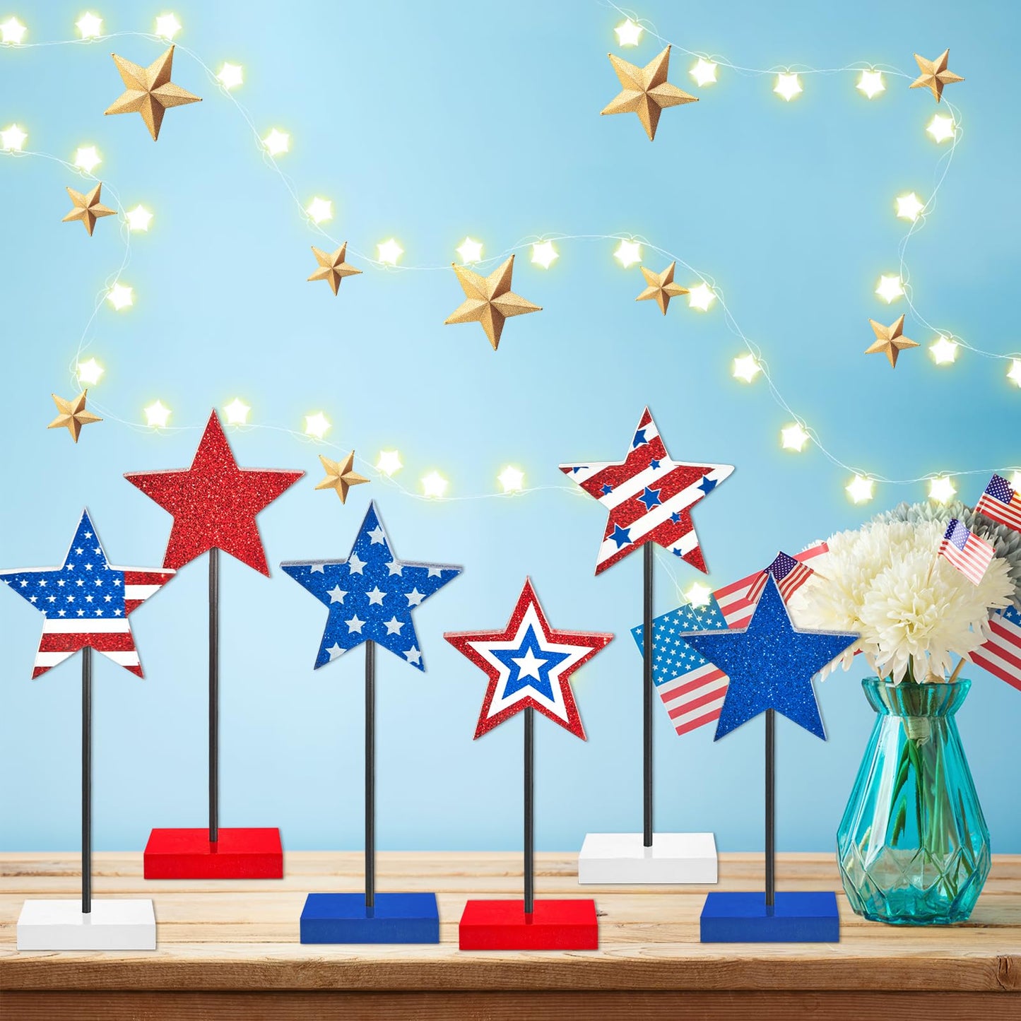 6Pcs Patriotic Memorial Day Tiered Tray Decor 250th Anniversary Wooden Star Set Memorial Red White and Blue Table Centerpiece Sign Decoration for Veterans Labor 4th of July Home Office Patriotic Party