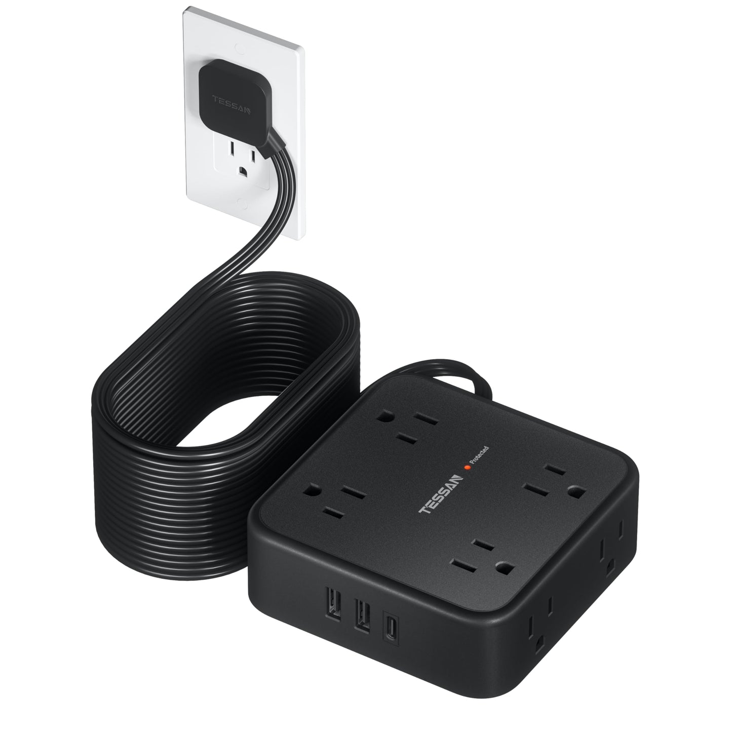 TESSAN Surge Protector Power Strip, 5 Ft Flat Plug Extension Cord with 3 USB (1 USB C) 8 Outlets, 900J Surge Protection, 3 Sided Outlet Extender with Power Switch for Office, Dorm Room Essentials