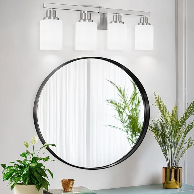 Bathroom Vanity Light, 4-Light Nickel Modern Bathroom Light Fixtures with Milky White Glass Shade, Wall Lights,Bath Vintage Wall Mounted Lamps for Mirror Bedroom Living Room Hallway Cabinet