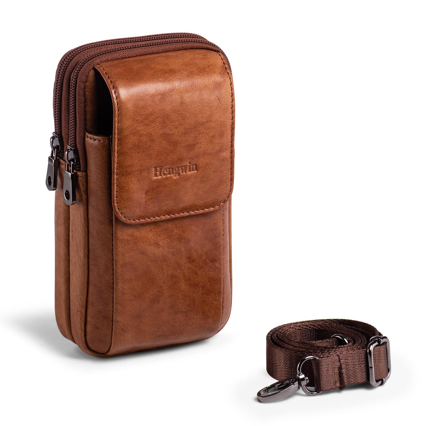 Hengwin Genuine Leather Phone Holster for Belt Men, Belt Clip Wallet Case Fit for iPhone 16/15/14/13/12 Pro Max, Samsung Galaxy S25 Ultra Belt Pouch, Travel Crossbody Cell Phone Purse Belt Bag (Brown)