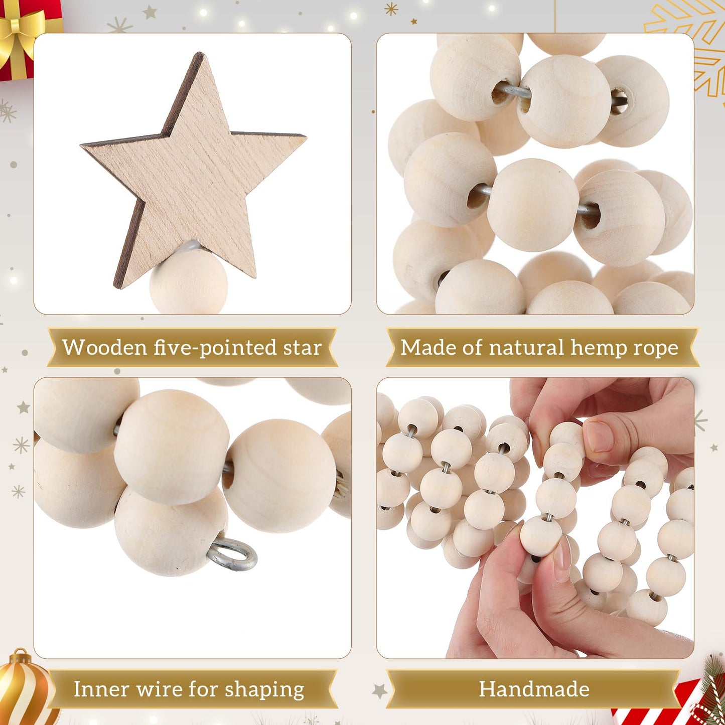 Thyle 3 Pcs Christmas Tree Decor 3 Sizes 6/8/10 Inch Small Boho Artificial Christmas Tree Tabletop Decor for Home Shelf Mantel Fireplace Table Party Supplies(Bead Style,Wood)