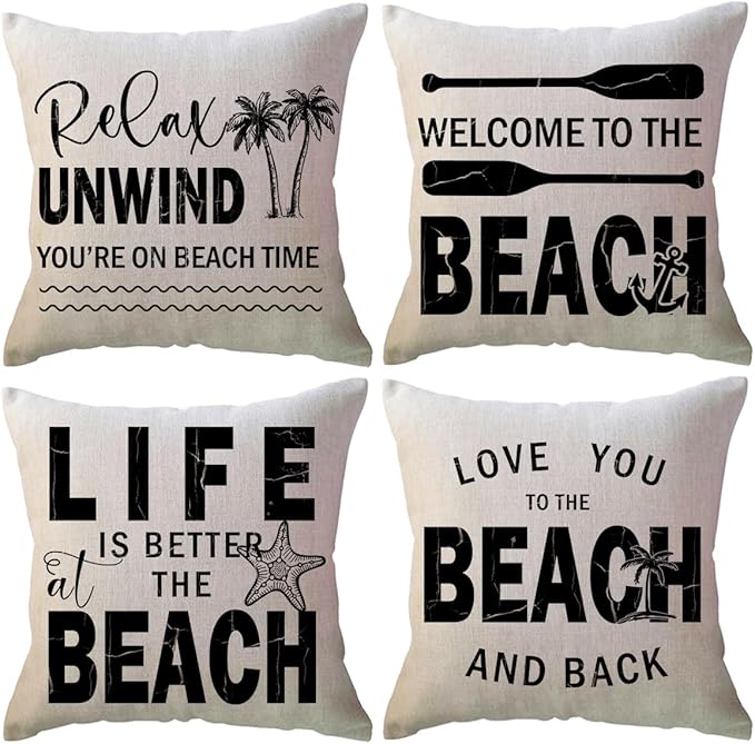 ULOVE LOVE YOURSELF Coastal Beach Throw Cushion Covers Double-Sided Tropical Palm Paddles Anchor Starfish Summer Beach House Decorative Pillowcase 18 x 18 Inch 4Pack Porch Patio Decor (Black)