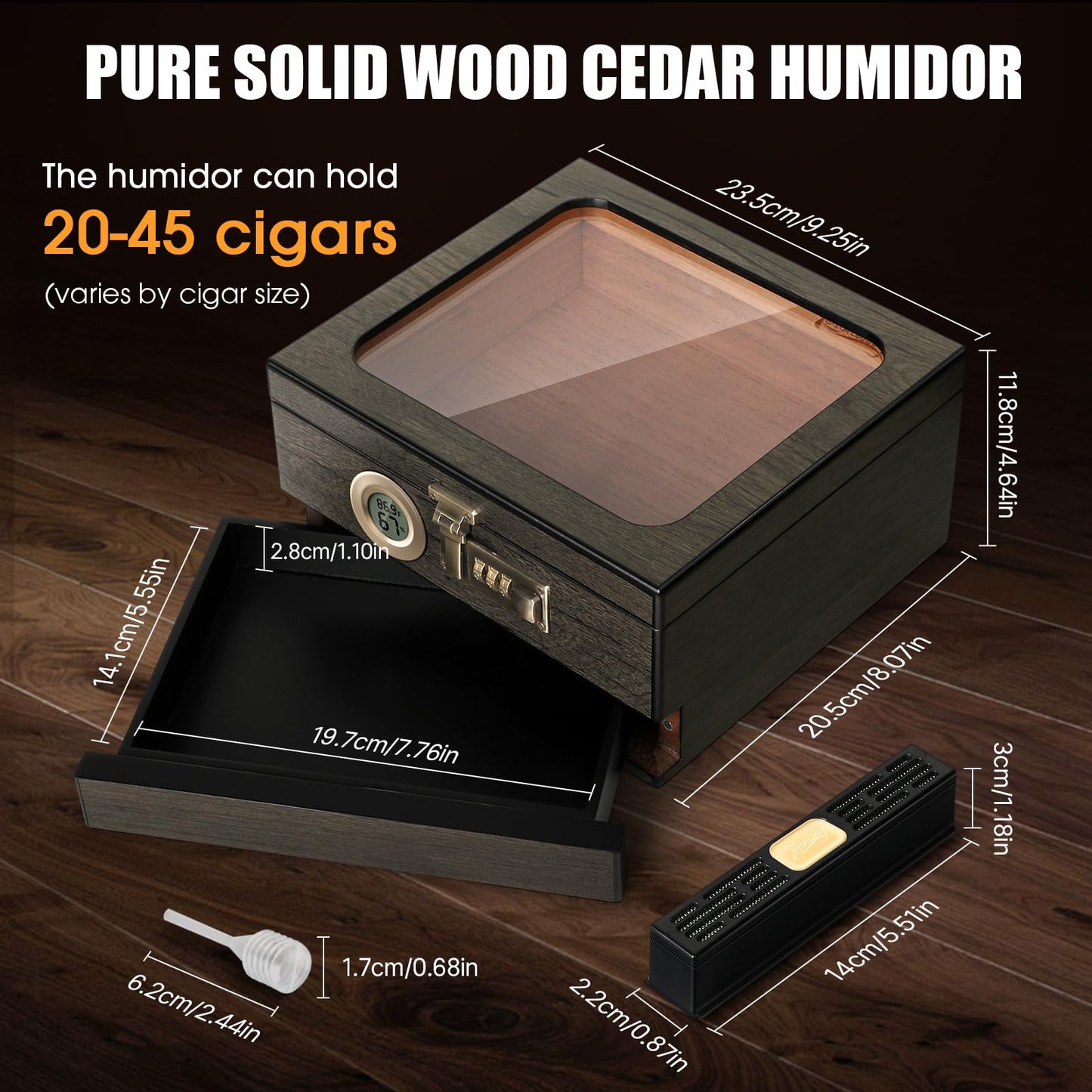 Tesonway Cigar Humidor,Cedar Wood Humidor Cigar Box,Glass Top Desktop Humidor with Digital Thermo-Hygrometer, Humidifier, Divider, Accessories Drawer and Combination Lock,Cigar Gift for Men