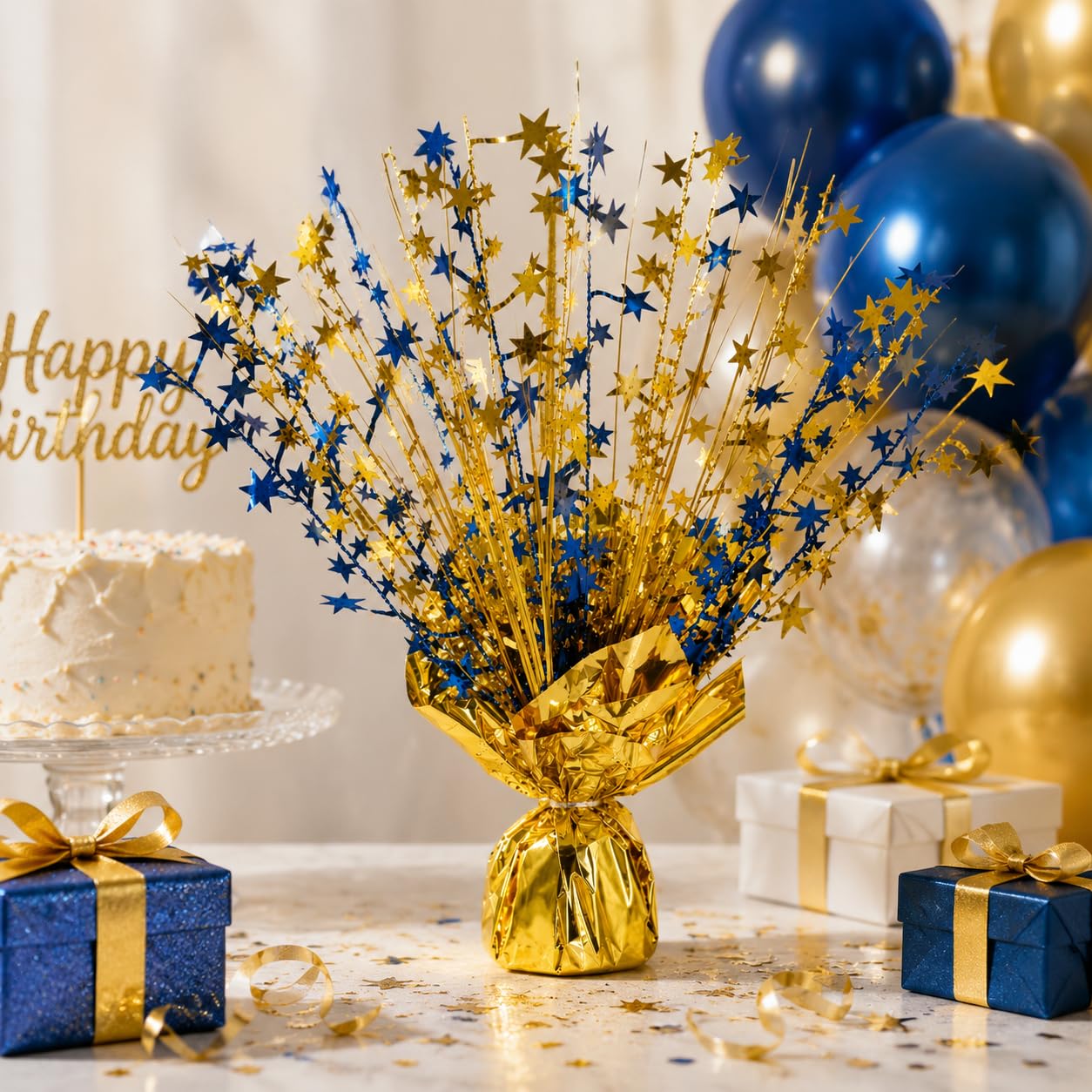 6 Pack Metallic Foil Spray Centerpiece Stars for Wedding, Birthday, Anniversary, Christmas Table Decor, Holiday Festival Baby Shower Graduation Mantle Party Decorations (Gold&Blue)