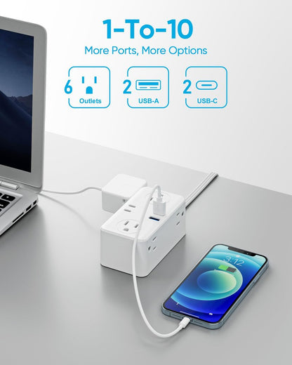 Flat Plug Power Strip, 3Ft Wrapped Travel Extension Cord, 6 Outlets 4 USB Ports(2 USB C), Cruise Ship Travel Dorm Room Essentials