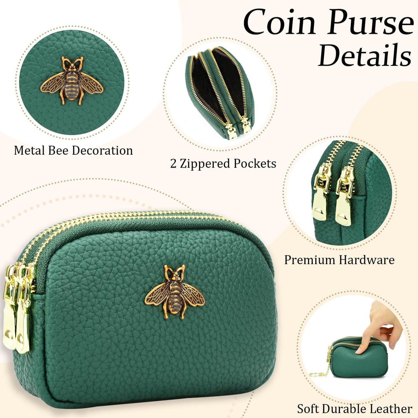 WOZEAH Leather Coin Purse for Women Small 2 Zipper Change Wallet with Key Ring Card Key Coin Cash Holder Pouch(Green)