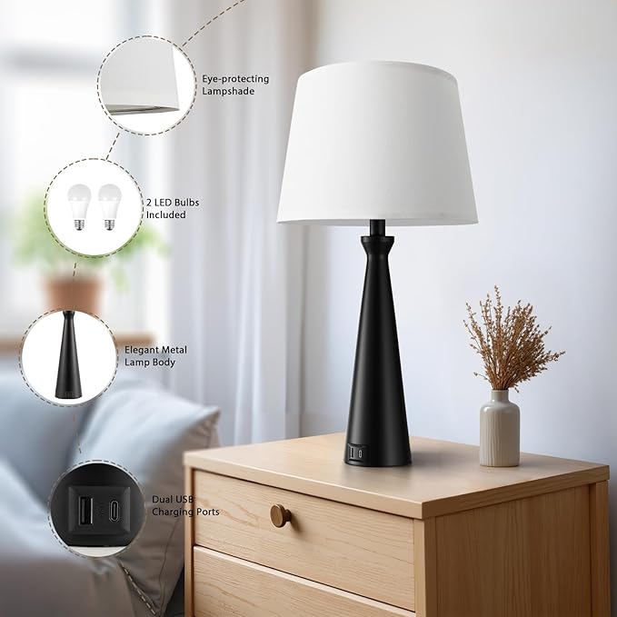 Seealle Modern Table Lamps Set of 2 - Touch Bedside Lamp for Nightstand with USB C+A,3-Way Dimmable Black Nightstand Lamps for Living Room Bedroom End Table(Bulb Included)