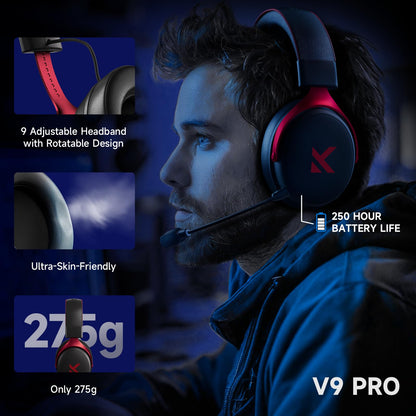 MCHOSE V9 PRO Wireless Gaming Headset 7.1 Surround Sound for PS5 PS4 PC SWITCH TOPSPEED Gaming Headphones, Noise Canceling Mic, 250Hr Battery, Low 15ms Latency, Lightweight, BT 5.3 FPS Games Black&Red