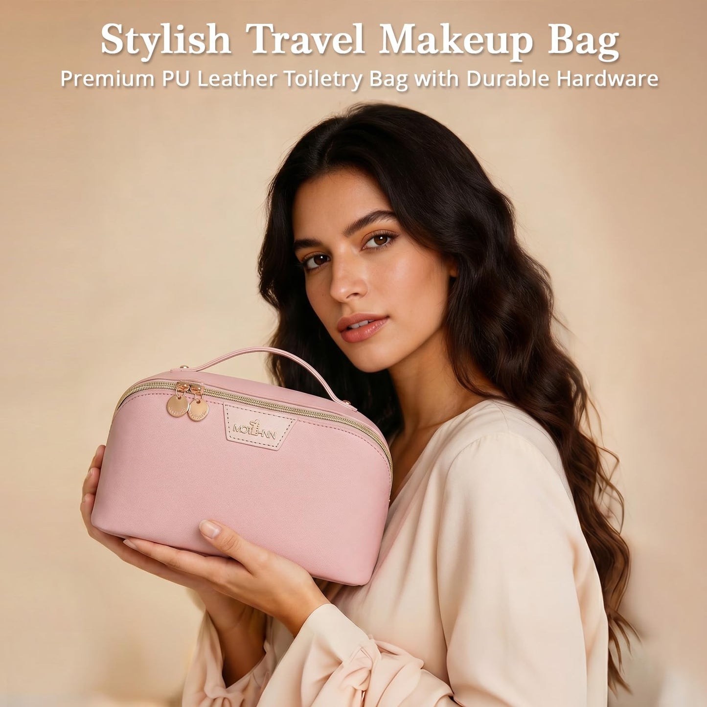 MOT HINN Travel Makeup Bag for Women: 3-in-1 Large Capacity Cosmetics Organizer with 2 Detachable Pouch - Vegan Leather Flat Open Toiletry Bag - Portable Travel Essentials for Full-Sized Bottles(Pink)