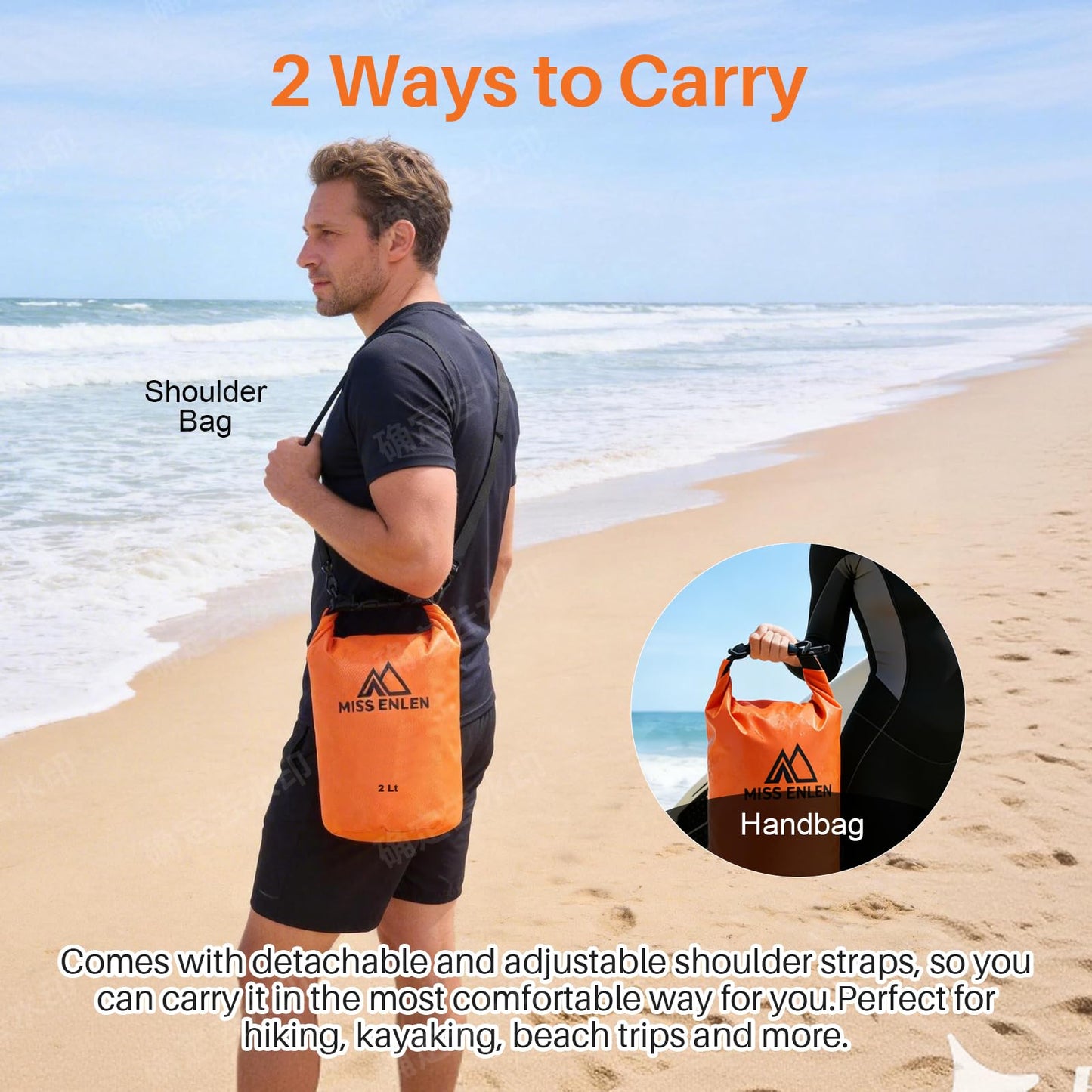 MISS ENLEN Waterproof Dry Bag 500D PVC Roll Top Dry Sack with 3 Carrying Ways, Lightweight Waterproof Bag for Kayaking, Swimming, Boating, Paddle Boarding, Hiking, Beach (Orange, 2L)