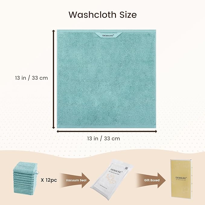 SEMAXE 100% Cotton Washcloths 12-Pack, 13 × 13 Inch Soft Luxury Face Towels –