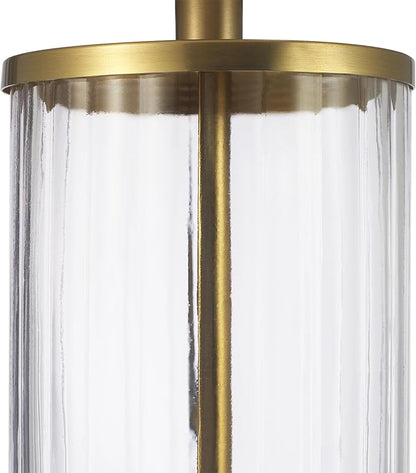 GLOBE Electric 61000063 20" Fillable Ribbed Glass Table Lamp, Matte Brass Accents, Beige Linen Shade, On/Off Rotary Switch on Socket, for Living Room, Bedroom, Office, Home Décor