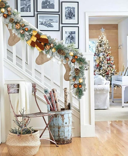 Christmas Garland for Front Door, 6 Foot Artificial Unlit Winter Garland with Pine Cones, Berry Clusters, Bronze Ball Ornaments and Ribbons for Thanksgiving Holiday Christmas Decoration