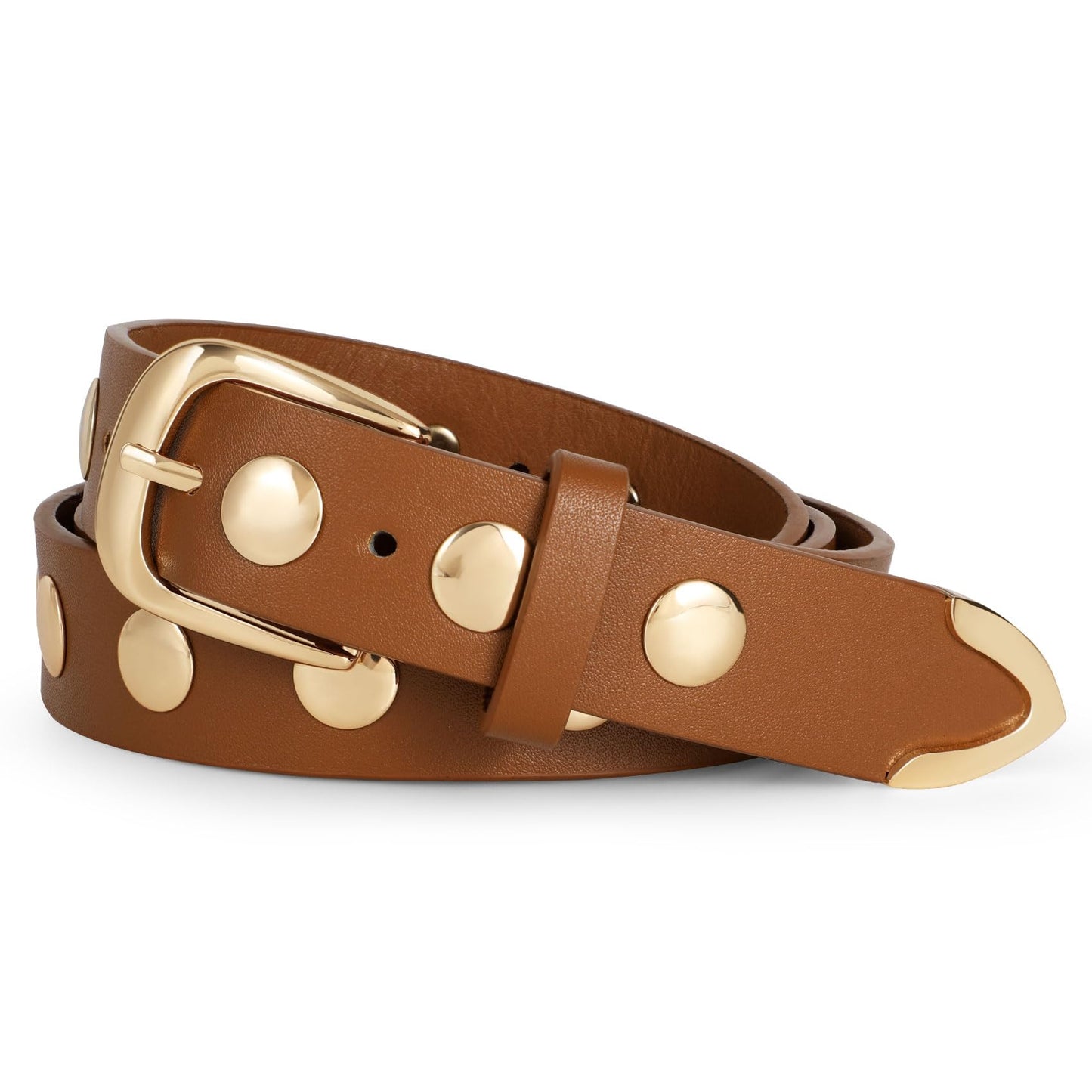 WERFORU Women Fashion Leather Belt Studded Leather Belt Ladies Belts for Jeans Dress Punk Belt,(Brown,25"-30" Waist Adjustable)