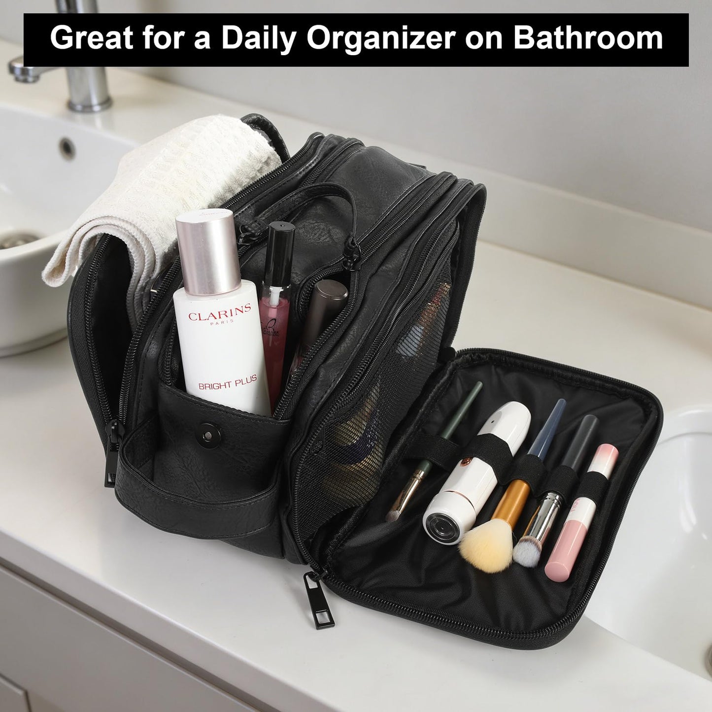 Ezday Toiletry Bag for Men and Women, Travel Essentials Shaving Dopp Kit, Travel Bag Toiletries Organizer Case for Grooming, PU Leather Water Resistant Cosmetic Bag Pouch (Black, Medium)