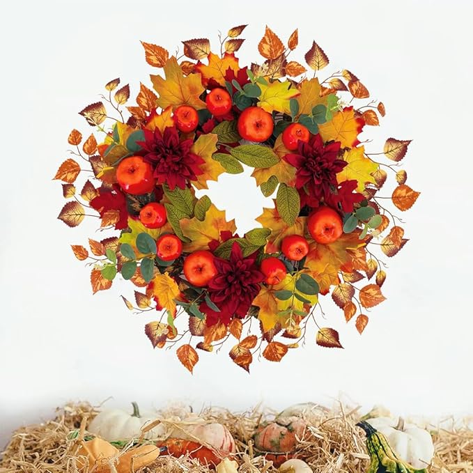 22 Inch Fall Wreath for Front Door, Thanksgiving Artificial Autumn Apple Wreath with Maple Leaves Dahlia Hydrangea for Farmhouse Home Window Wall Office Wedding Indoor Outdoor Decorations