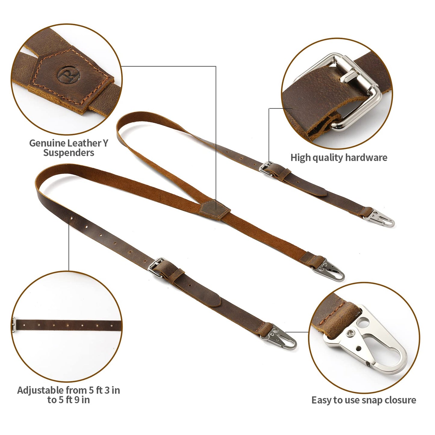 Ringsun Genuine Leather Suspenders for Men, Y Design Hidden Suspenders Under Clothes with 3 Snap Loop, Adjustable Accessories for Men Wedding & Party Essentials, Dark Brown