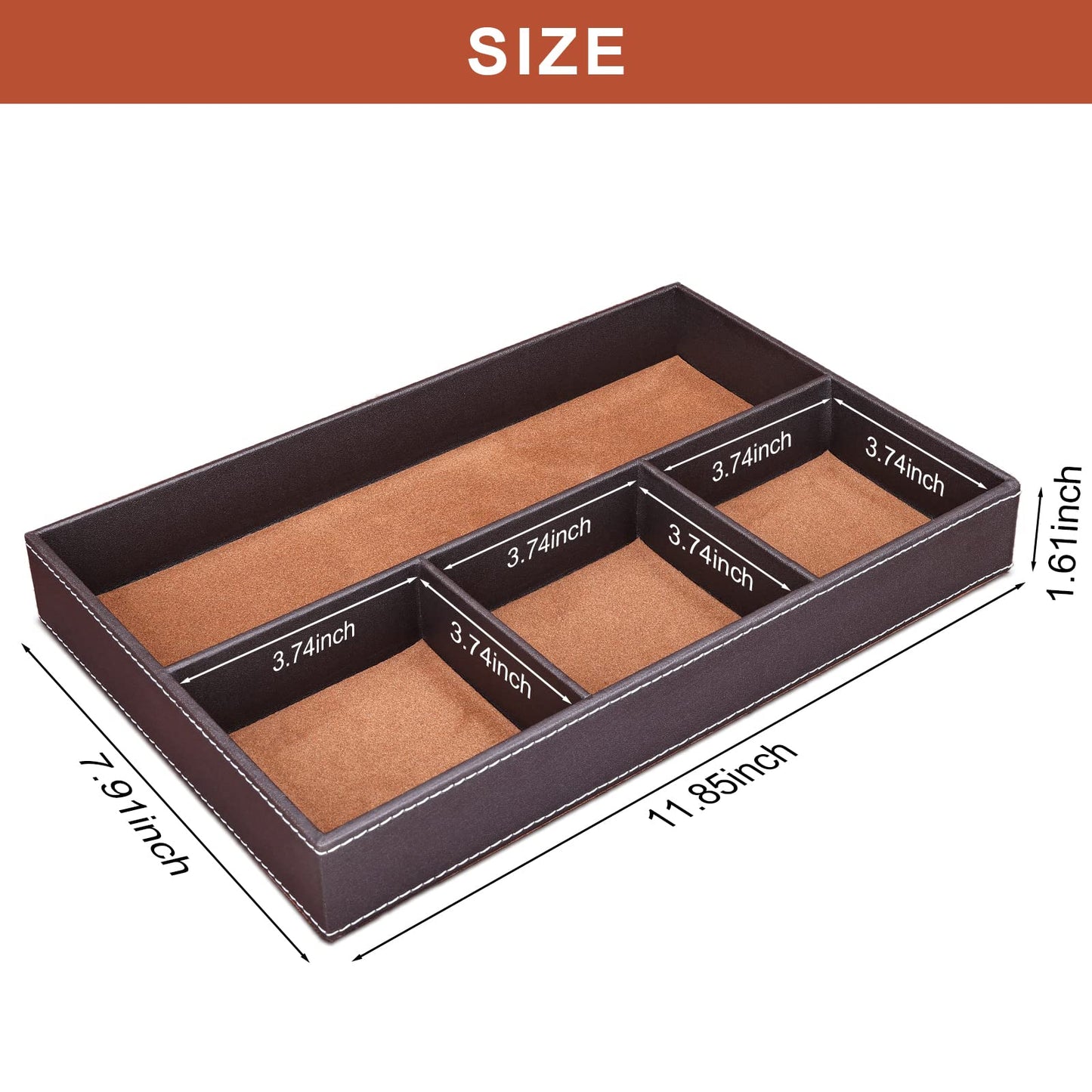 GORESE Faux Leather Valet Tray for Men, Stackable Jewelry Organizer for Drawers Inserts, Nightstand Caddy Tray for Key, Wallet, Sunglass, Watch, Coin, Phone, Bedside Desktop Storage Brown