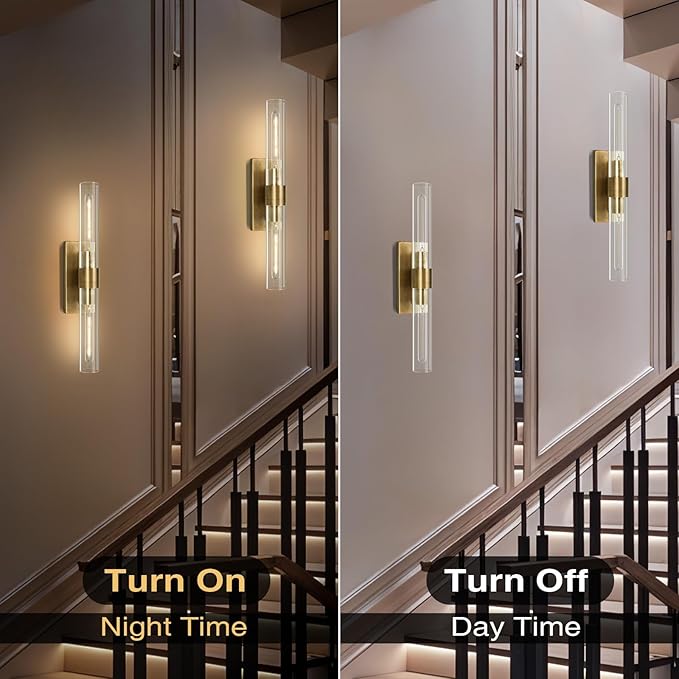 Wall Sconces Set of Two, 22.8" Gold Bathroom Sconces Wall Lighting with Clear Glass, Modern Sconces Wall Decor Brass Light Fixtures for Bathroom Mirror Living Room Hallway Bedroom
