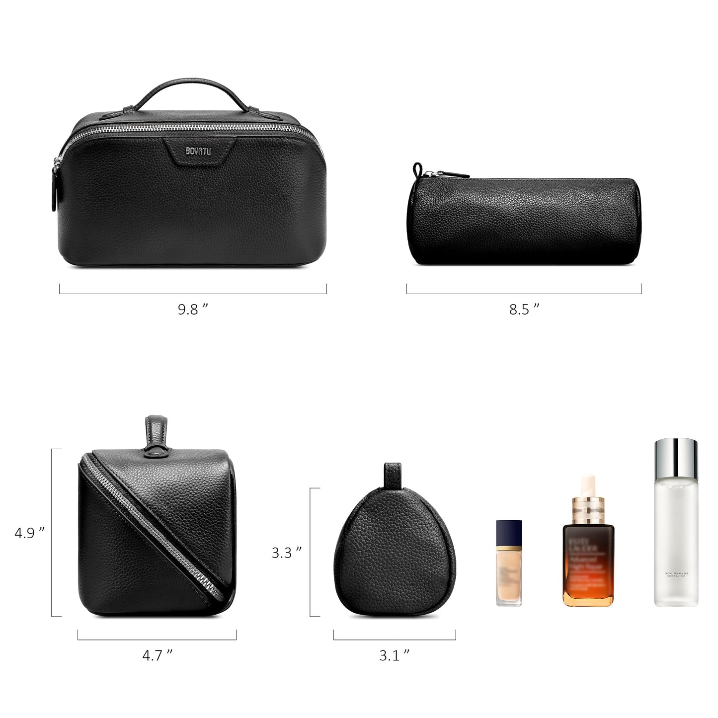 BOYATU Genuine Leather Travel Makeup Bag: Large Capacity 3 Pcs Set Cosmetic Bags for Women - Designer Waterproof Hand-made for Toiletry Organizer - Ladies Travel Essentials for Elegance (02Black)