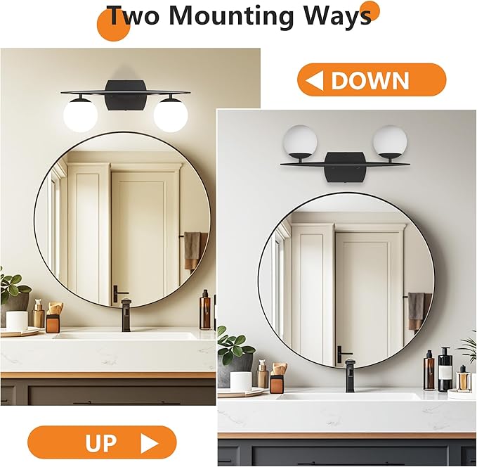 Black Vanity Lights for Bathroom, 2-Light 20 Inch Bathroom Lighting Fixtures over Mirror with Milky White Frosted Glass Shades, Wall Sconces for Bathroom, Bedroom, Living Room(G9 Bulb not Included)
