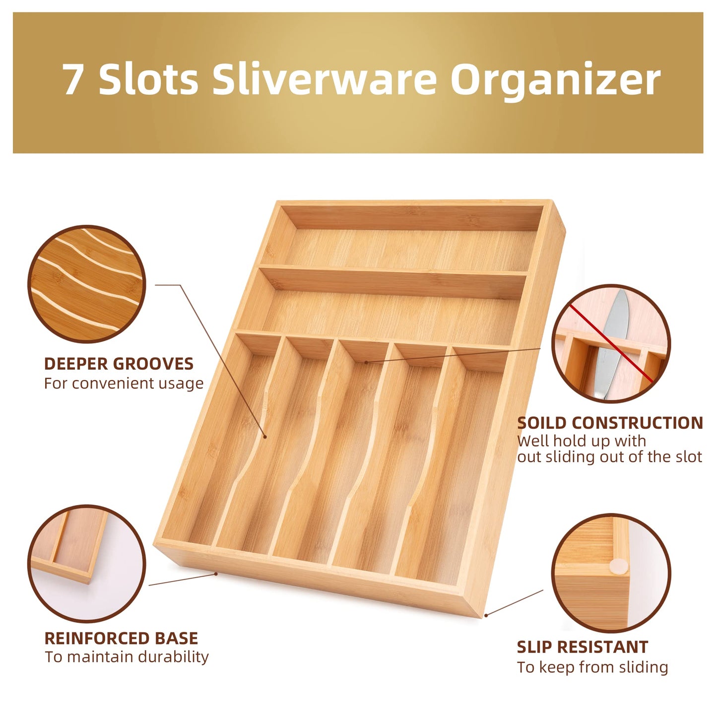 Bamboo Kitchen Drawer Organizer, 9 Inch Silverware Utensil Holder for Samll Drawer, Narrow Silverware Organizer for Cutlery Knives