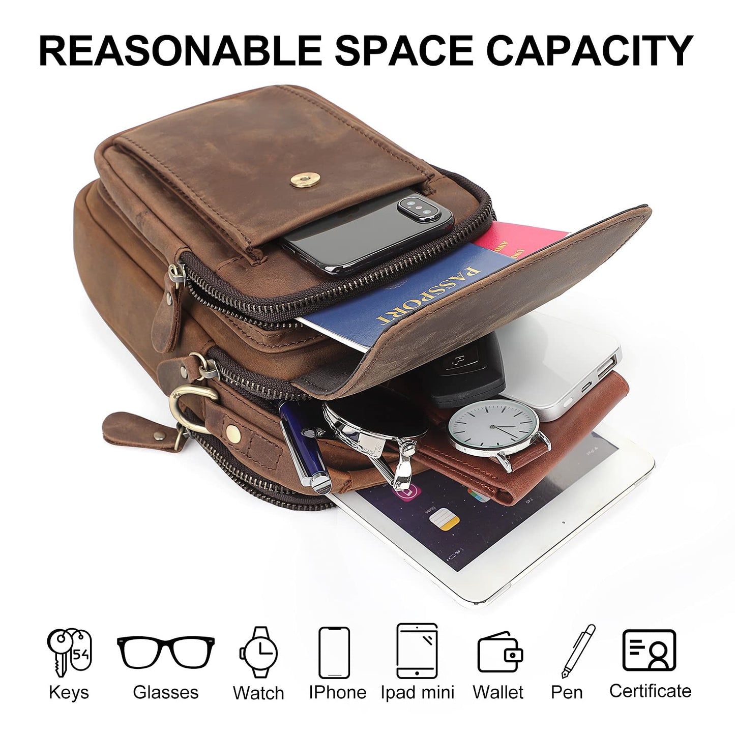 Augus Leather Small Messenger Bag For Men Crossbody Handbag Shoulder Sling Travel Bags for Men Purse Daypack Magnetic Buckle (Brown)