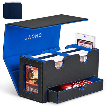 UAONO MTG Commander Deck Box, 3-in-1 Magnetic Card Box with 2 Top Loaders Display & 1 Dice Tray, Fits 200 Double Sleeved, Card Organizer Compatible with Magic the Gathering(Blue Yellow)