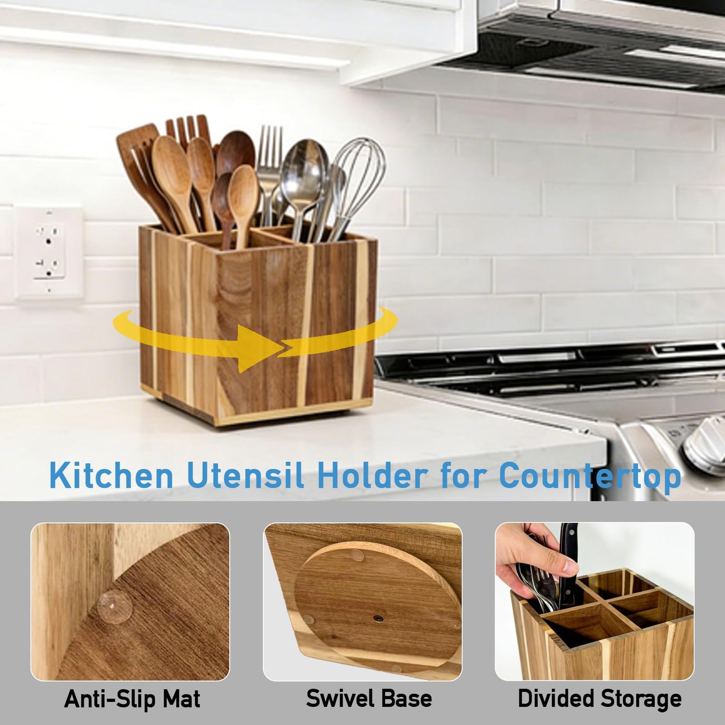 Wooden Utensil Holder for Kitchen Counter, Non-Slip Large Acacia Wood Spatula Holder for Counter with 4 Compartments, 360° Rotating Cooking Utensil Holder, Farmhouse Countertop Decor