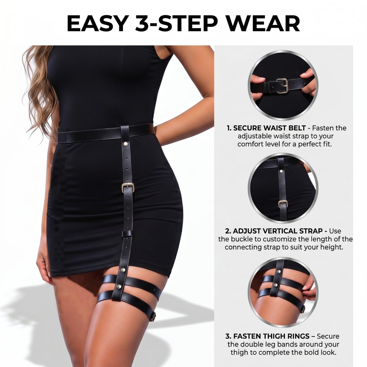 YLZZMDQSZ Leather Thigh Harness, Adjustable Thigh Belt with Alloy Buckle for Women, Black Leg Harness for Fashion Outfits Party Accessories