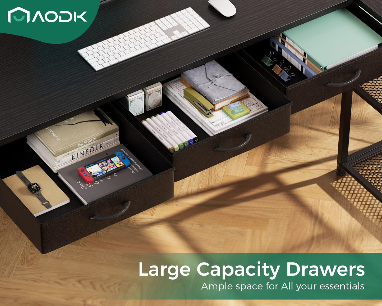 AODK 53 Inch L Shaped Computer Desk with Drawers, Corner Desk with Power Outlets & Reversible Storage Shelves, Movable CPU Stand for Home Office Gaming, Black