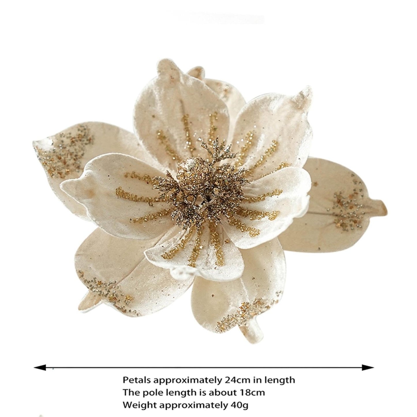 JOYO Christmas Glitter Magnolia Flowers, 10'' Poinsettia for Tree, Easy to Hang Artificial Picks (Cream, 6Pcs)