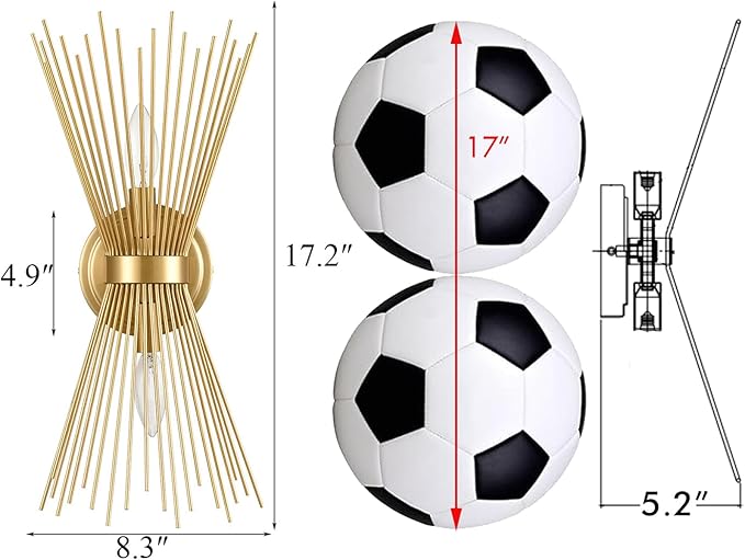 YUBOLE Brass 2-Light Vanity Light Mid-Century Modern Starburst Wall Sconce Lamp Sunburst Sconce Art Decor