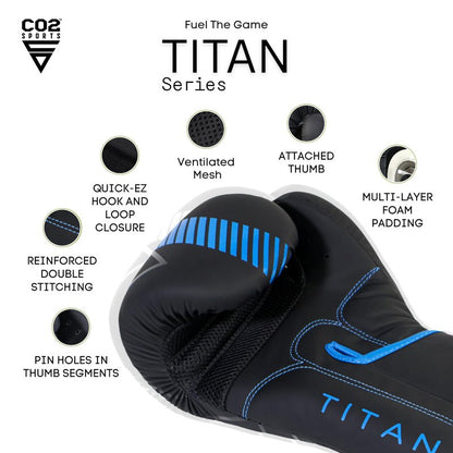 CO2 Sports Titan Boxing Gloves, Pro Training Sparring, Maya Hide Leather, Muay Thai MMA Kickboxing, Men Women Adult, Focus Mitts, Ventilated Palm, Multi Layered, 8 10 12 14 16 18 Oz (Blue, 16 OZ)