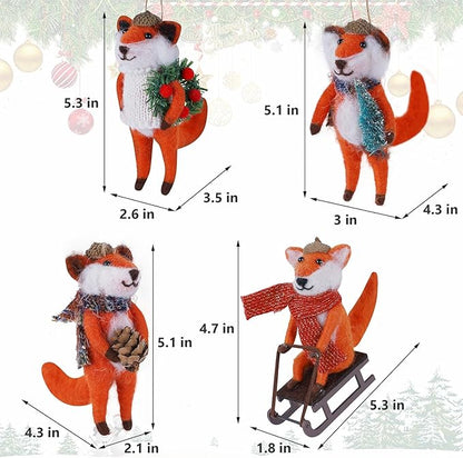 Set of 4 Christmas Felt Fox Ornaments, 5" Mini Wool Mr. Foxes Figurines for Christmas Tree Wreath Hanging, Fantastic Xmas Tabletop Decor, Animal Crafts Holiday Easter Gifts Party Supply