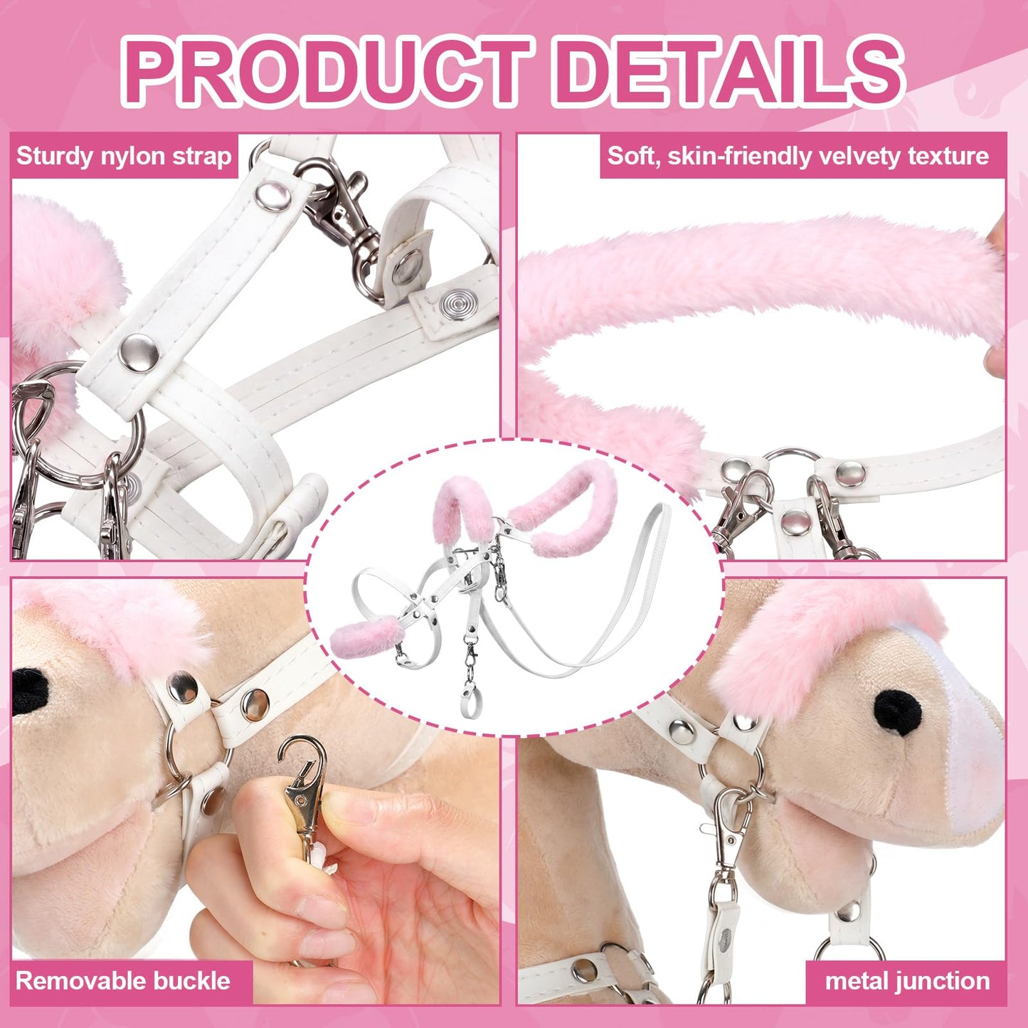 Shappy Hobby Horse Toy Accessories Realistic Horse Bridle with Metal Bit and Adjustable Reins, Faux Leather and Stainless Steel for Equestrian, Themed Events Competitions and Play (White, Pink)