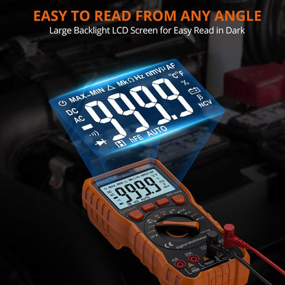 Proster Digital Multimeter - TRMS Voltmeter Multimetro Auto Range Multi Testers, 20A DC AC Current Meter NCV Detector Magnetic Hanging Hands-Free Design with Temperature Probe Backlit LCD Flashlight