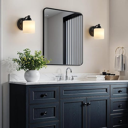 Matte Black Milk Glass Wall Sconces, 1 Pack Hardwired Indoor Wall Light Fixtures for Living Room, Hallway, Bedroom, Ceramic E26 Sockets (Bulbs Not Included)