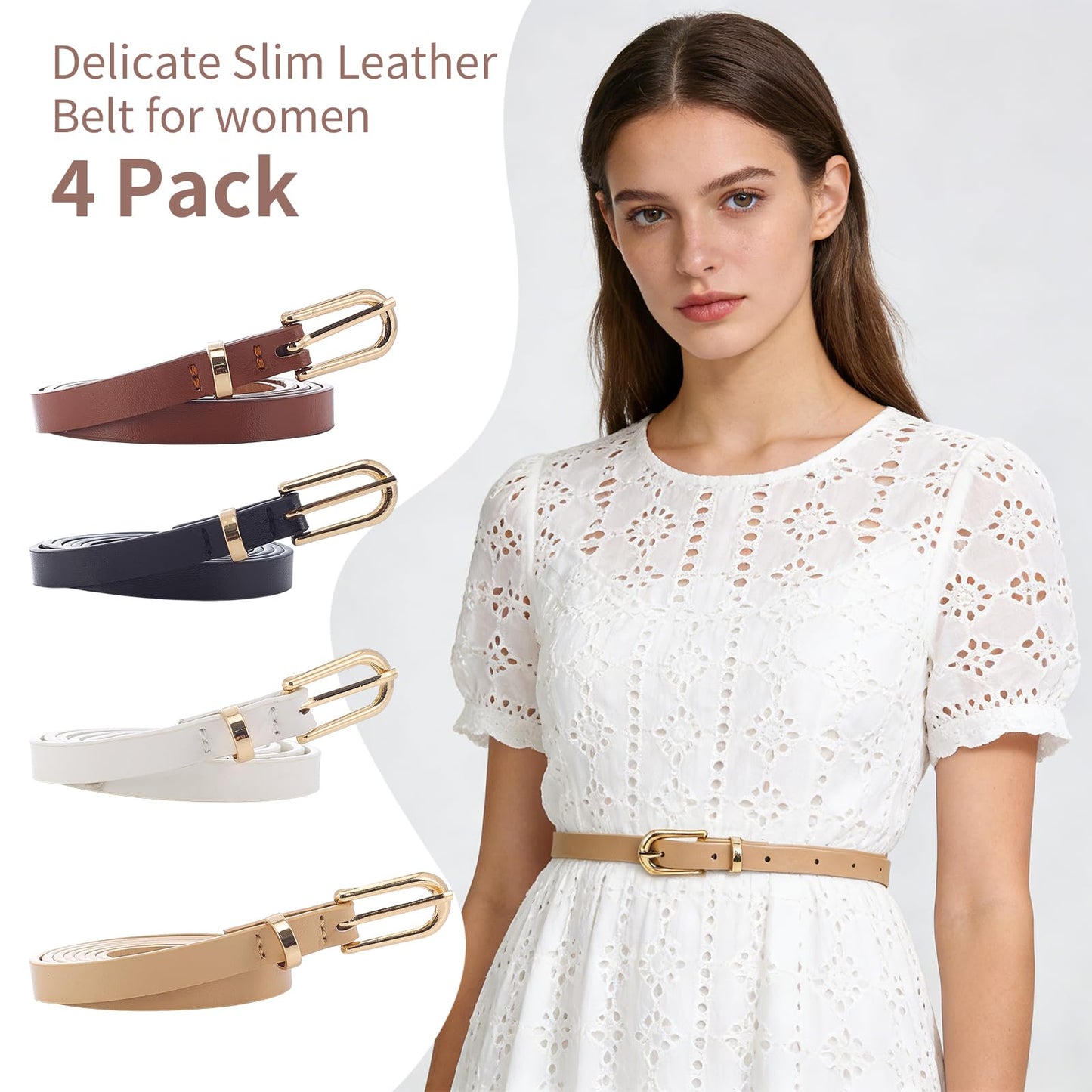 Fsfsdg 4 Pack Classic Belt for Dress Skinny Belt Women with Gold Buckle Thin Leather Waist Belt for Jeans Pants Dresses Daily Wear